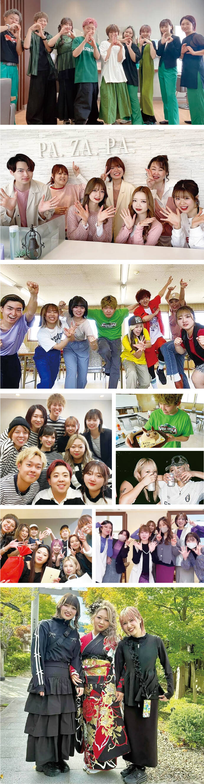 美容師たちが笑顔で集合写真を撮る様子をまとめたコラージュ画像。サロンや店舗、屋外での撮影など多彩な場面があり、カジュアルな服装から和装まで個性豊かなファッションで、美容師同士の交流と職場の活気を表現している。