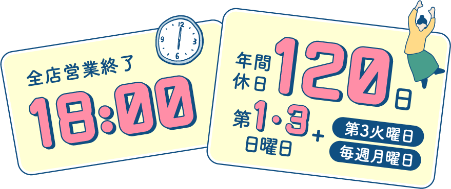 全店営業終了18:00年間休日120日 第1・3日曜日+第3火曜日 毎週月曜日